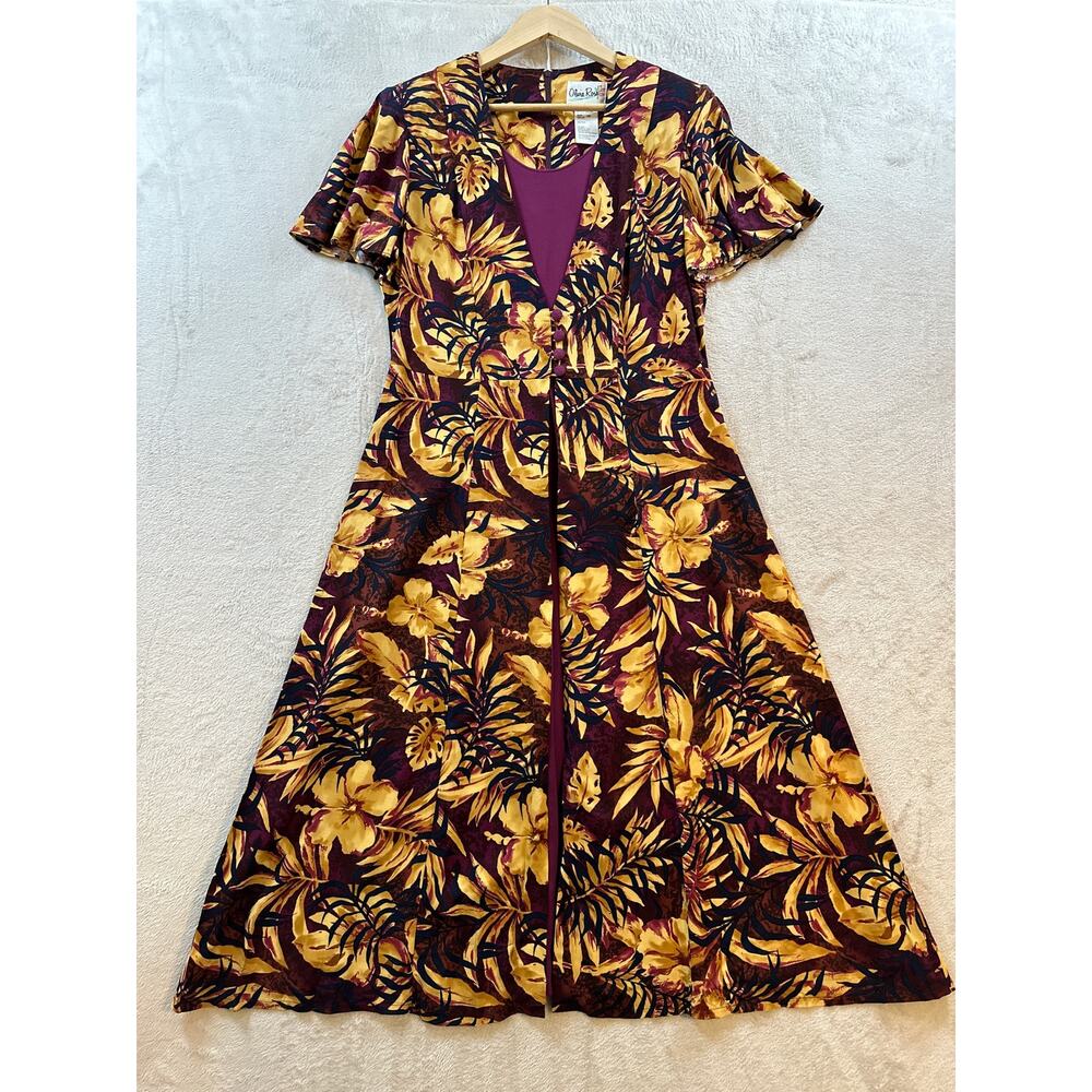 Vintage 80s Olivia Rose Women’s 12P Rayon Floral Maxi Shirt Dress Gold Burgundy